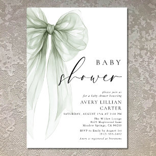Elegant Sage Green Bow Baby Shower Invitation