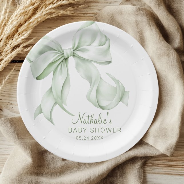 Elegant Sage Green Bow Baby Shower  Paper Plate (Creator Uploaded)