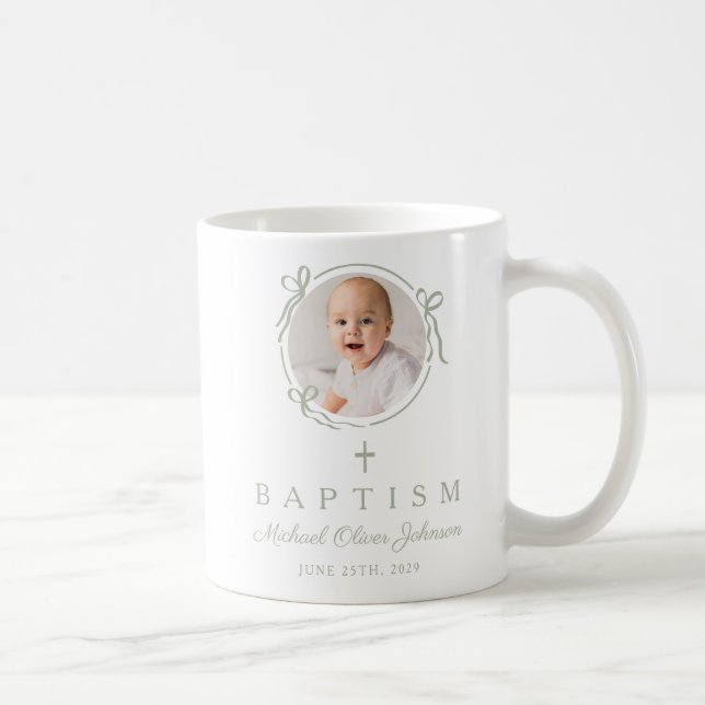Elegant Sage Green Bow Boy Photo Baptism Coffee Mug (Right)