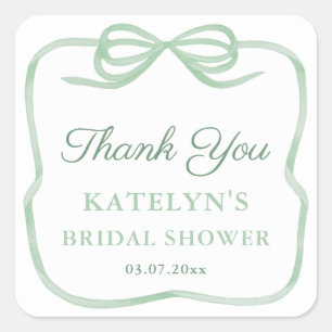 Elegant Sage Green Bow Bridal Shower Favour Square Sticker