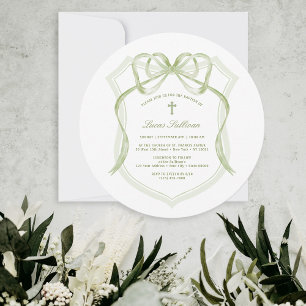 Elegant Sage Green Bow Crest Baptism Invitation