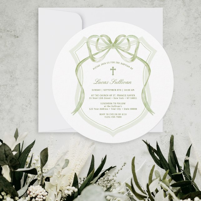 Elegant Sage Green Bow Crest Baptism Invitation (Creator Uploaded)