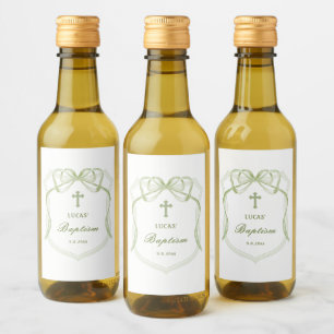 Elegant Sage Green Bow Crest Baptism Wine Label