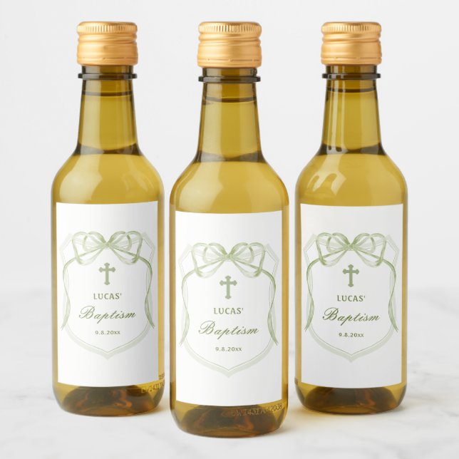 Elegant Sage Green Bow Crest Baptism Wine Label (Bottles)