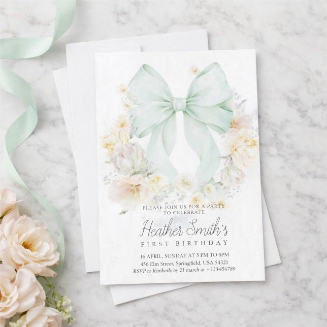 Elegant Sage Green Bow Floral First Birthday Invitation (Creator Uploaded)