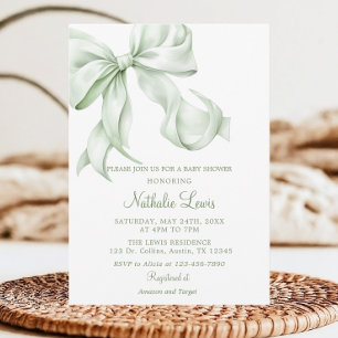 Elegant Sage Green Bow Gingham Baby Shower Invitation