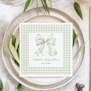 Elegant Sage Green Bow Gingham Baby Shower Napkin