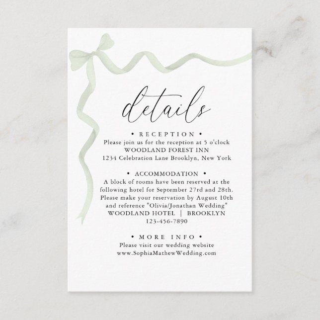 Elegant Sage Green Bow Monogram Wedding Details Enclosure Card (Front)