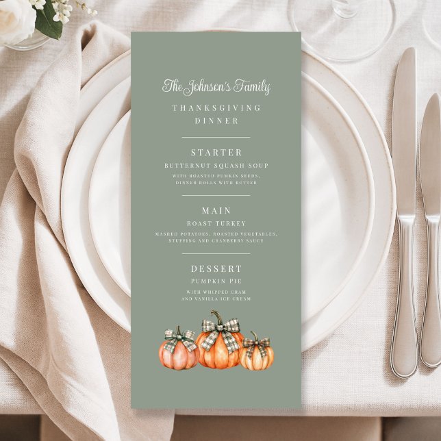 Elegant Sage Green Bow Pumpkins Thanksgiving  Menu (Elegant Sage Green Bow Pumpkins Thanksgiving Menu)