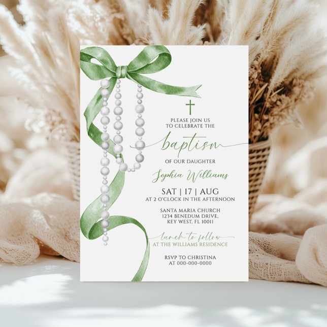 Elegant Sage Green Bow & Rosary Baptism Invitation (Creator Uploaded)