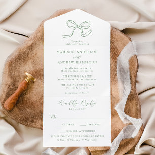 Elegant Sage Green Bow Wedding All In One Invitation