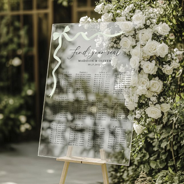Elegant Sage Green Bow Wedding Seating Acrylic Sign (Creator Uploaded)