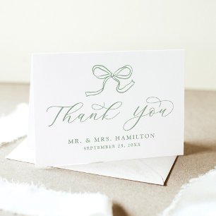 Elegant Sage Green Bow Wedding Thank You Card