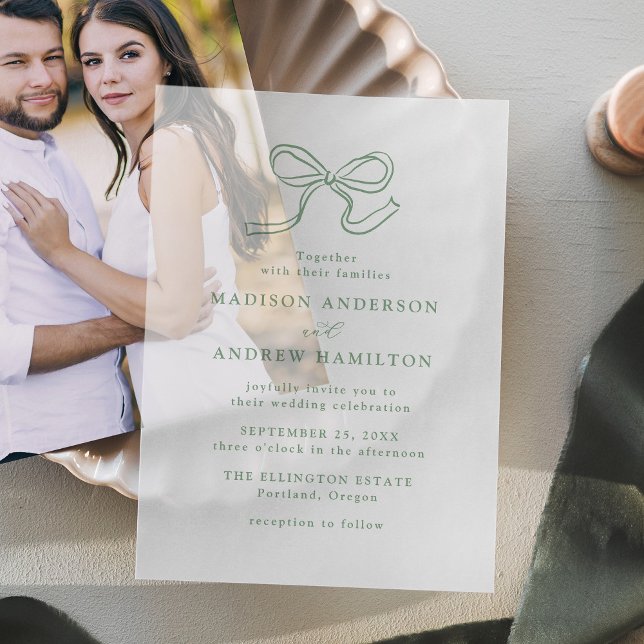 Elegant Sage Green Bow Wedding Vellum Invitations (Creator Uploaded)