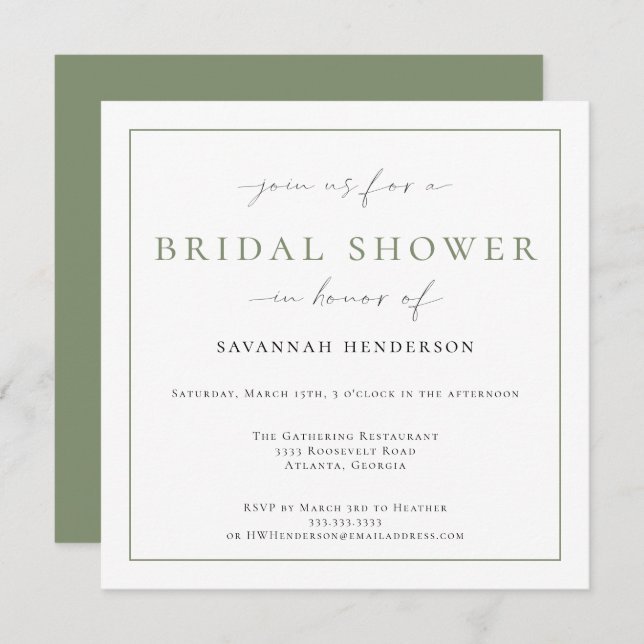 Elegant Sage Green Bridal Shower Classic Invitation (Front/Back)
