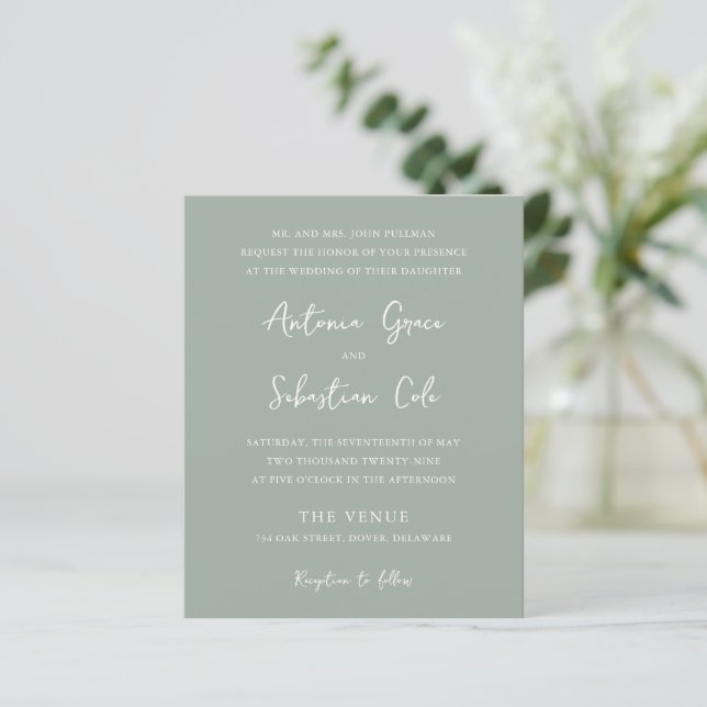 Elegant Sage Green Budget Wedding Invitation (Standing Front)