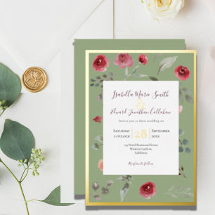Elegant Sage Green Burgundy Roses Gold Foil Invita