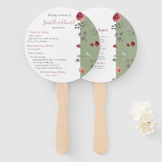 Elegant Sage Green Burgundy Roses Wedding Ceremony Hand Fan (Front and Back)