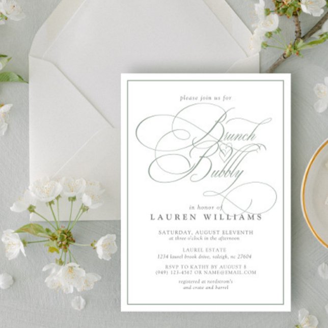 Elegant Sage Green Calligraphy Brunch & Bubbly Invitation (Creator Uploaded)