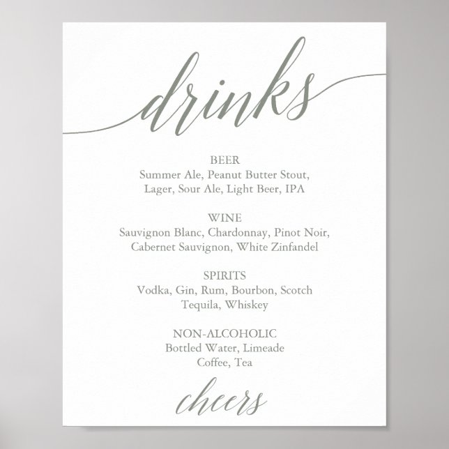 Elegant Sage Green Calligraphy Drink Menu Sign (Front)