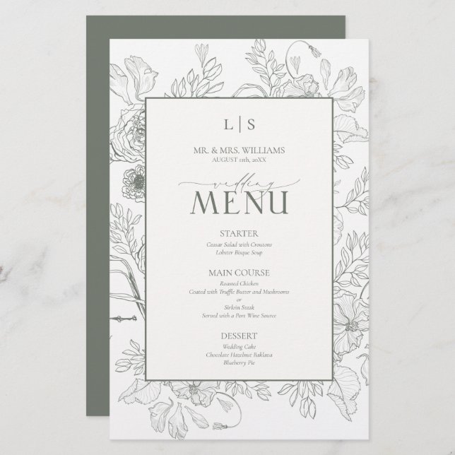 Elegant Sage Green Calligraphy Monogram Menu Card (Front/Back)