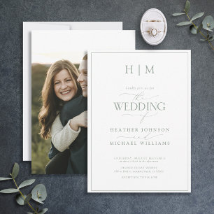 Elegant Sage Green Calligraphy Monogram Photo Invitation