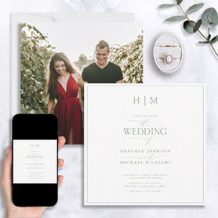 Elegant Sage Green Calligraphy Monogram Photo Invitation