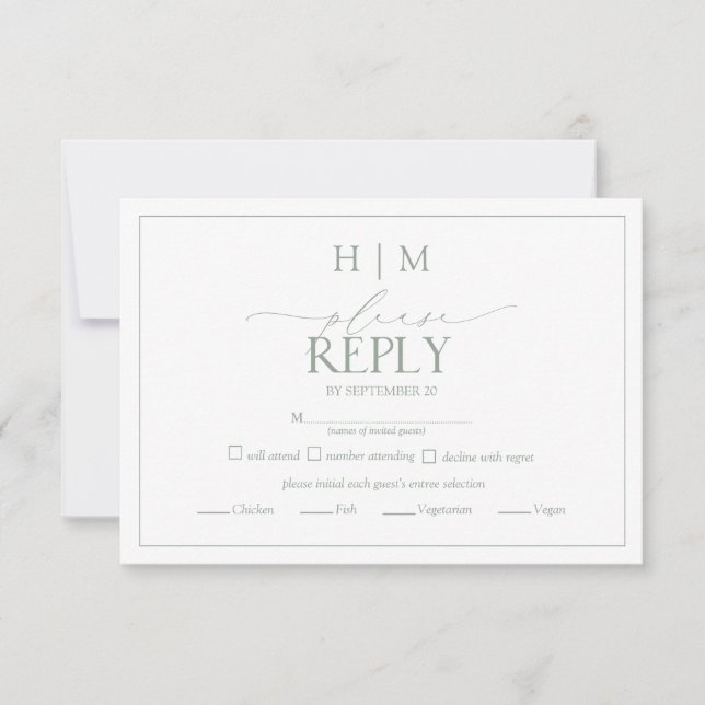 Elegant Sage Green Calligraphy Monogram RSVP Card (Front)
