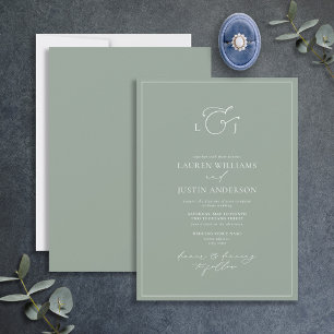 Elegant Sage Green Calligraphy Monogram Wedding Invitation