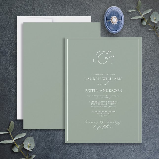 Elegant Sage Green Calligraphy Monogram Wedding Invitation (Creator Uploaded)