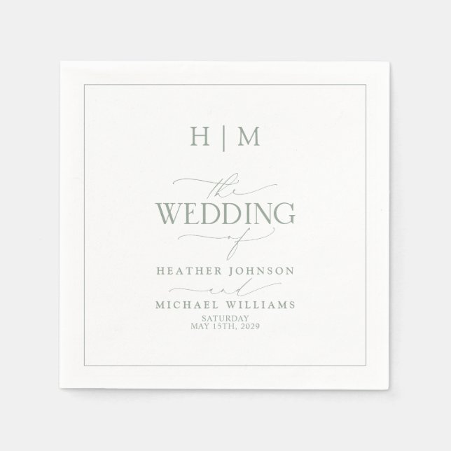 Elegant Sage Green Calligraphy Monogram Wedding Napkin (Front)
