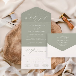 Elegant Sage Green Calligraphy Script Wedding All In One Invitation