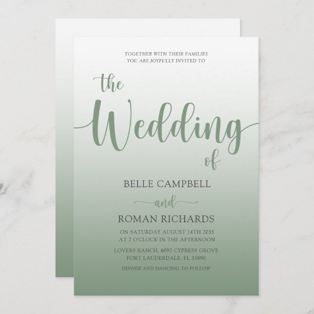 Elegant Sage Green Calligraphy Script Wedding  Invitation (Front/Back)