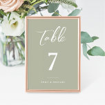 Elegant Sage Green Calligraphy Wedding Table Number<br><div class="desc">Our elegant sage green table number cards are perfect for placing on your tables to help your guests find their seats. A beautiful pairing of white calligraphy font with simple & clean text on a soft green background makes for an elevated look to complement your stylish event. With repeated details...</div>