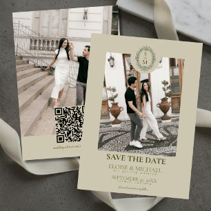 Elegant Sage Green Crest Monogram Save The Date  Invitation