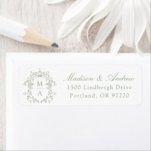 Elegant Sage Green Crest Monogram Wedding Address Return Address Label