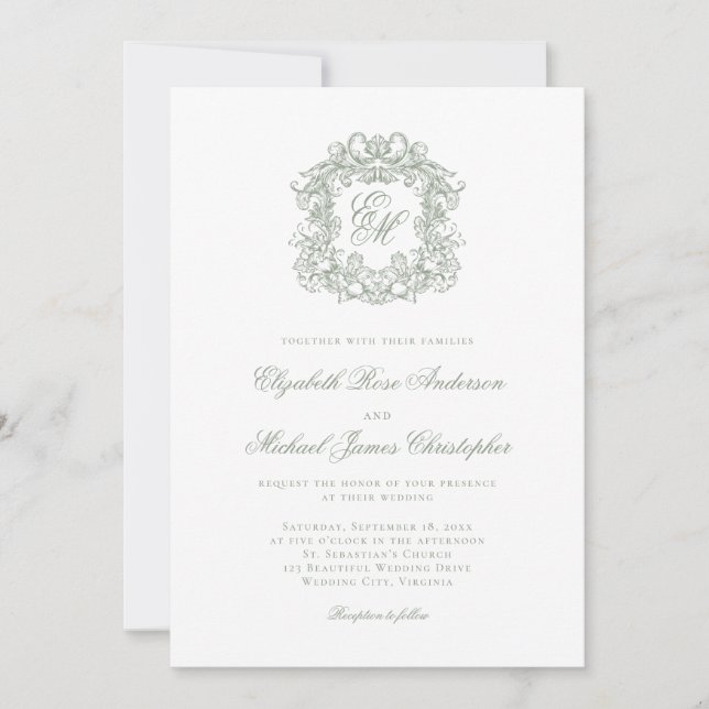 Elegant Sage Green Crest Monogram Wedding Invitation (Front)