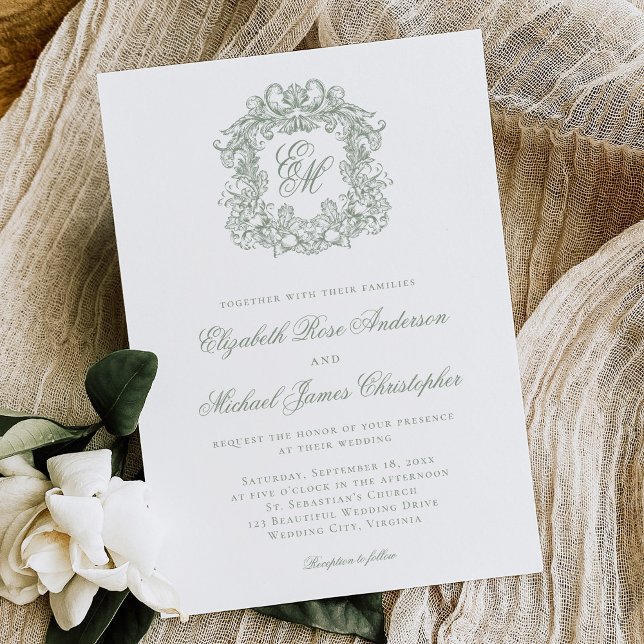 Elegant Sage Green Crest Monogram Wedding Invitation (Creator Uploaded)