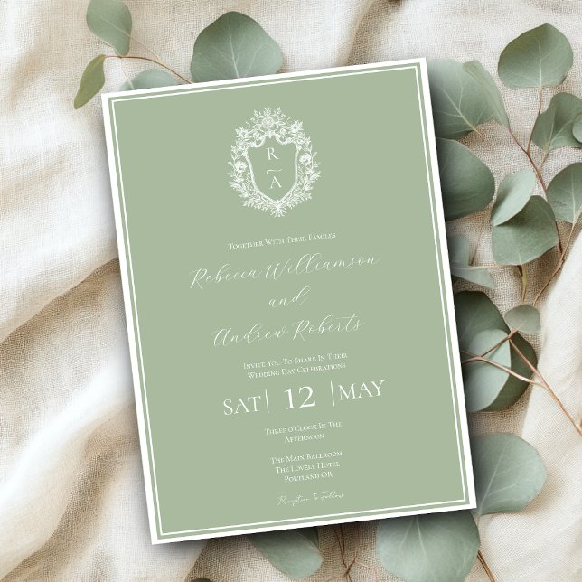 Elegant Sage Green Crest Monogram Wedding  Invitation (Creator Uploaded)