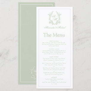 Elegant Sage Green Crest Monogram Wedding Menu