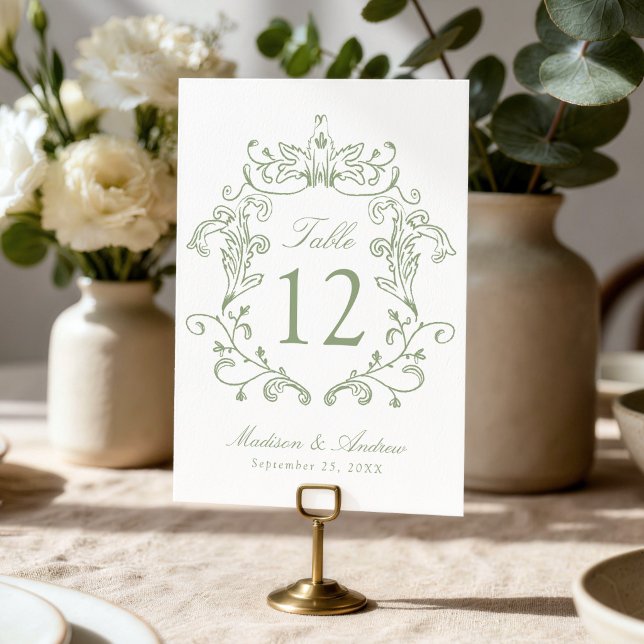 Elegant Sage Green Crest Wedding Table Number (Creator Uploaded)