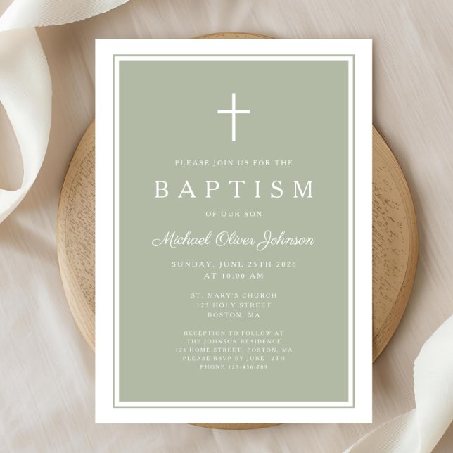 Elegant Sage Green Cross Baby Boy Baptism Invitation (Elegant Sage Green Cross Baby Boy Baptism Invitation)