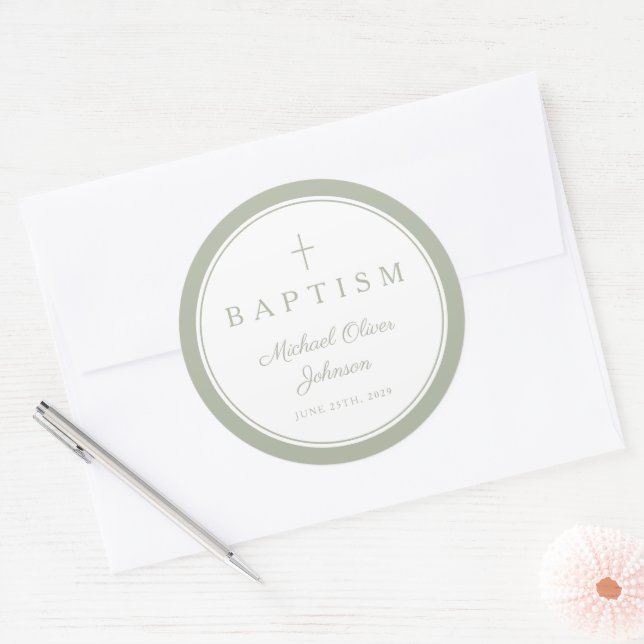 Elegant Sage Green Cross Boy Baptism  Classic Round Sticker (Envelope)