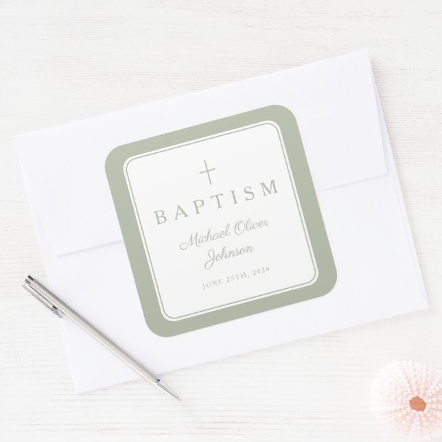 Elegant Sage Green Cross Boy Baptism  Square Sticker (Envelope)