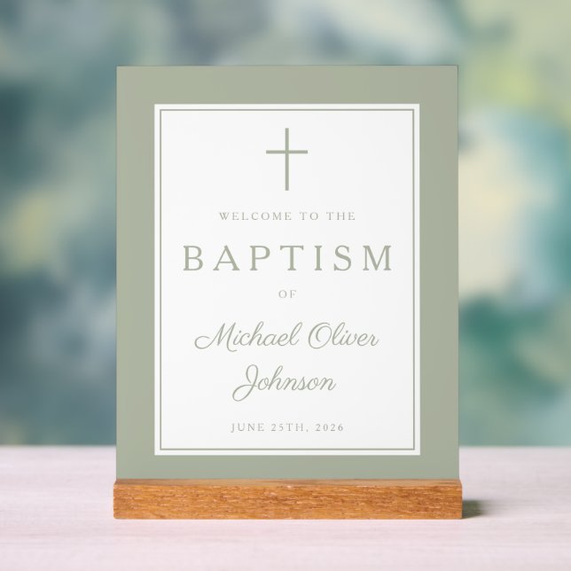Elegant Sage Green Cross Boy Baptism Welcome Acrylic Sign (Neutral)