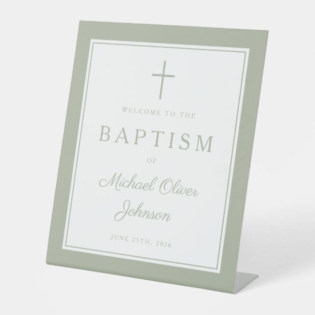 Elegant Sage Green Cross Boy Baptism Welcome Pedestal Sign (Front)