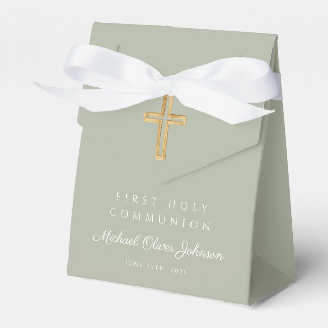 Elegant Sage Green Cross Boy First Communion Favour Box (Front Side)