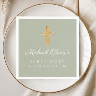 Elegant Sage Green Cross First Communion Napkin