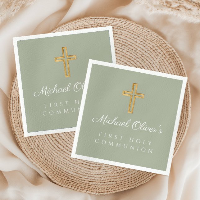 Elegant Sage Green Cross First Communion Napkin (Elegant Sage Green Cross First Communion Napkins)