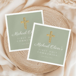 Elegant Sage Green Cross First Communion Napkin